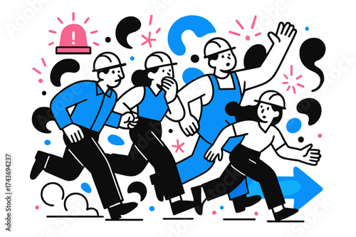Emergency Evacuation Drill. Emergency Drill. Workers practicing evacuation with glowing arrows guiding them, abstract floating sparks and alarm icons. Modern