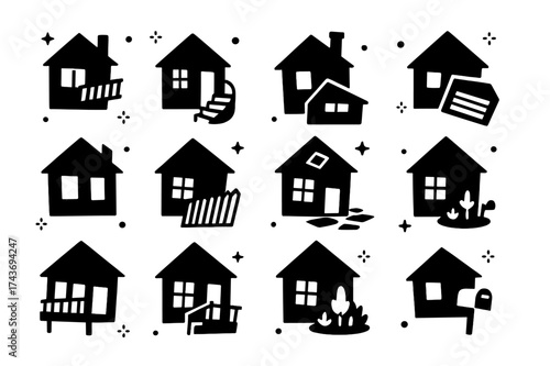 Asymmetrical House Icons. Asymmetrical house details. Solid icons set of tilted balcony, curved stair, off-center chimney, angled garage, mismatched shutters,