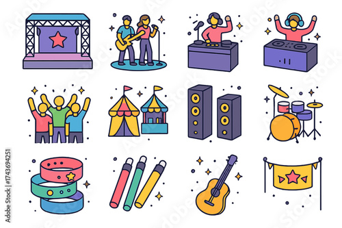 Vibrant Music Festival Icons. Music event. Colorful isometric vector icons set of music event: stage, performers, crowd, DJ booth, speakers, festival tents,