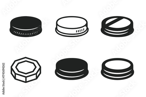 Mason Jar Logo Variations. Mason jar lid. Set Logo of Kitchenware: lid silhouette icon. harmonious logo variations of the same emblematic concept, each with