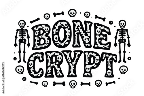 Bone Crypt Lettering. Bone Crypt ? Decorative Display Lettering, stylized letters filled with bone and skull patterns, arched word-shape framed by tiny
