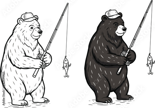 Cute brown bear wearing hat holding fishing rod with caught fish, black and white vector illustration for wildlife design.Cute brown bear wearing hat holding fishing rod with caught fish, black 