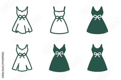 Summer Dress Logos. Summer dress against green backdrop. Set Logo of Summer dress against green backdrop: Ribbon bow accent. harmonious logo variations of the