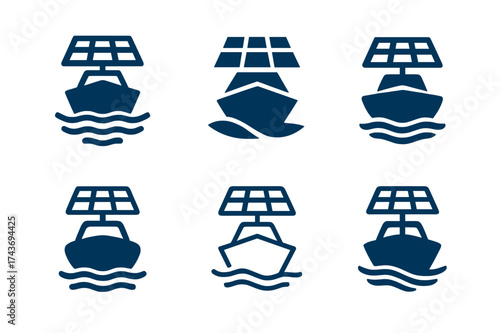 Solar Ferry Logos. Clean transportation alternatives. Set Logo of Clean transportation alternatives: Solar-powered ferry. harmonious logo variations of the