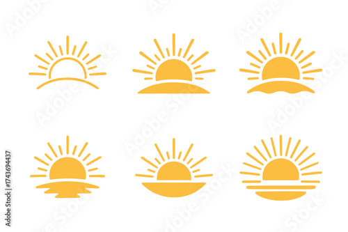 Sunset Logo Variations. Long summer days and sunsets. Set Logo of Long summer days and sunsets: Radiant sun with extended rays. harmonious logo variations of