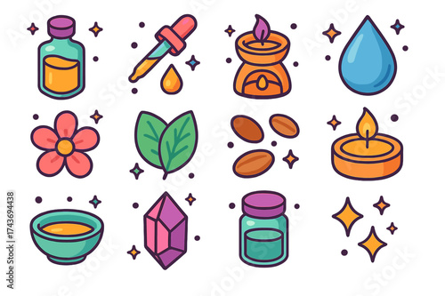 Colorful Natural Oils Icons. Natural Oils. Colorful isometric vector icons set of natural oils: oil bottle, dropper, diffuser, water droplet, flower, leaf,