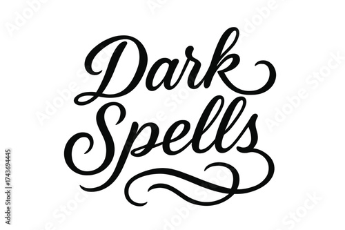 Dark Script Calligraphy. Dark Spells ? Script Hand-Lettering, flowing brush-style cursive with smooth connectors, arched composition, sweeping tails resembling