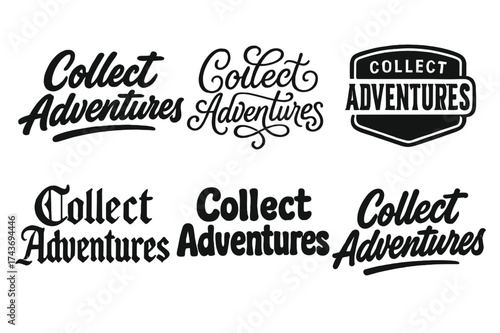 Diverse Lettering Styles. Collect Adventures. Set lettering. harmonious lettering variations of the same emblematic concept, each with different artistic