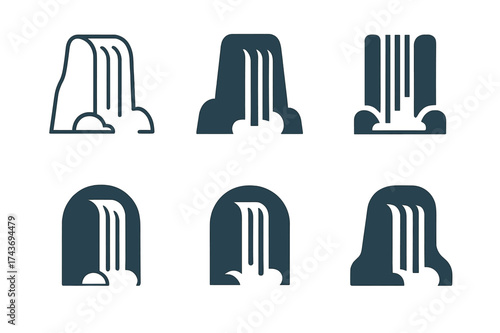 Waterfall Logo Variations. Waterfalls. Set Logo of Waterfalls: iconic tall falls. harmonious logo variations of the same emblematic concept, each