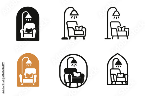 Cozy Lamp Logos. Creating a cozy atmosphere with floor lamps. Set Logo of Creating a cozy atmosphere with floor lamps: Reading nook with floor lamp. harmonious