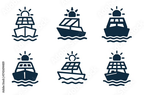 Solar Ferry Logos. Clean transportation alternatives. Set Logo of Clean transportation alternatives: Solar-powered ferry. harmonious logo variations of the