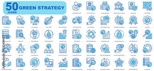 Green Strategy Editable Icons set. Vector illustration in modern thin outline blue  style of business related icons