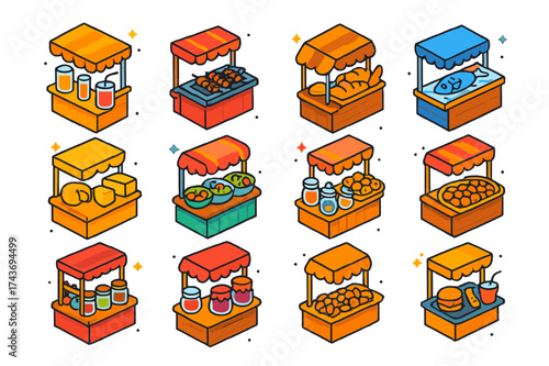 Colorful Food Stalls Icons. Food stalls. Colorful isometric vector icons set of food stalls: fruit juices, grilled skewers, bakery stand, fresh fish, cheese