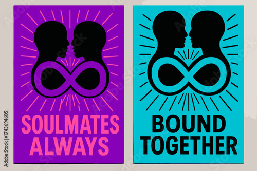 Soulmates Infinity Banners. Soulmates. Two vertical A6 banners, bold, neon purple and cyan backgrounds, two silhouettes merging into an infinity heart with