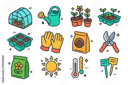 Greenhouse Maintenance Icons. Maintaining a greenhouse. Colorful isometric vector icons set of maintaining a greenhouse: greenhouse structure, watering can,