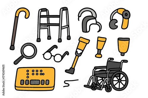 Assistive Tools Doodle. Assistive Devices. Hand-drawn doodle illustration cane (colored), walker, crutches (colored), hearing aid, cochlear implant (colored),