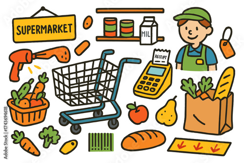 Colorful Supermarket Doodles. Supermarket. Colorful Hand-drawn doodle Children illustration Shopping cart, basket, cash register, grocery bag,