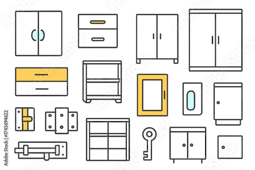 Modern Cabinet Doodles. Modern Cabinets. Hand-drawn doodle illustration modern cabinets hidden handle (accented), drawer (accented), cupboard, sliding door,
