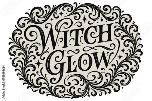 Ornate Flourished Witch. Witch Glow ? Flourish Lettering: ornate sweeping curls around capitals; circular balanced composition; decorative frame of swirling