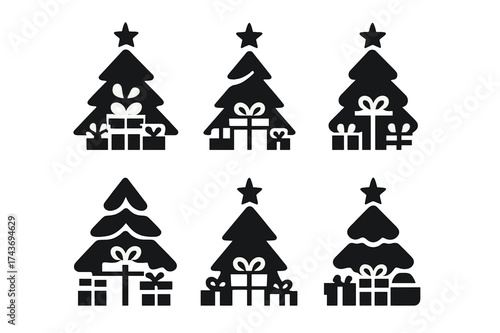 Holiday Celebration Logos. A group of friends celebrating the holidays together with gifts and laughter. Set Logo of holiday tree with gifts: Symmetrical form,
