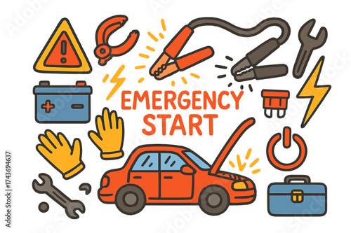 Colorful Car Jumpstart Doodle. Emergency Start. Colorful Hand-drawn doodle Children illustration Emergency Start jumper cables, car battery, red clamp, black