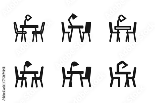 Trendy Office Logos. Modern Office Spaces with Trendy Designs. Set Logo of Office Space: coworking desk setup. harmonious logo variations of the same