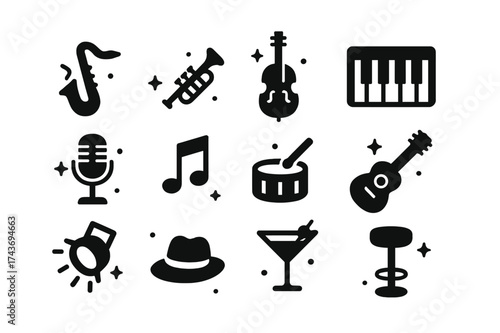 Jazz Icons Collection. Jazz musician. Solid icons set of Jazz musician: saxophone, trumpet, double bass, piano, microphone, music note, drum, guitar,