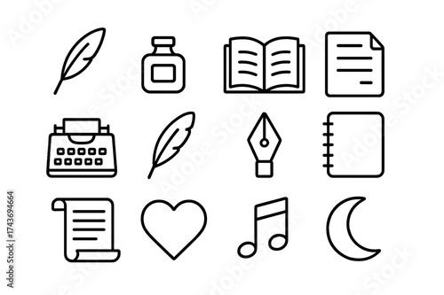 Poetic Icon Set. Poetic expression. Line icon set of Poetic expression: quill pen, ink bottle, open book, sheet of paper, typewriter, feather, calligraphy pen,