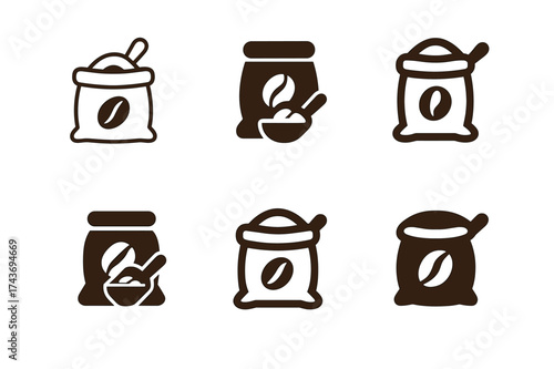 Creative Coffee Logos. Sacks of coffee beans. Set Logo of Coffee: coffee sack with scoop icon. harmonious logo variations of the same emblematic concept, each
