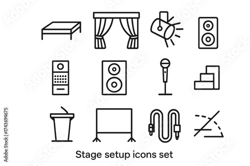 Stage Setup Icons. Stage setup. Line icon set of stage setup: stage platform, curtain, spotlight, sound system, speakers, microphone, podium, backdrop, riser,