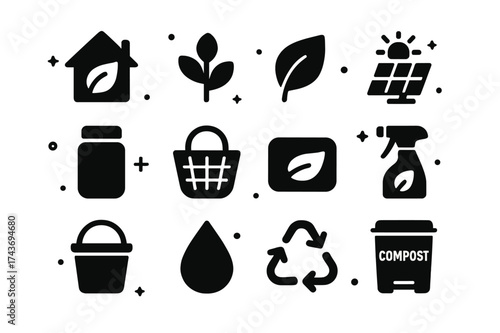 Green Living Icons. Green home. Solid icons set of Green home: eco house, plant, leaf, solar panel, glass jar, basket, soap bar, eco spray, bucket, water drop,