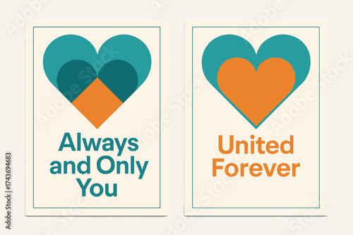 Abstract Heart Banners. Union. Two vertical A6 banners with safe margins, centered composition, no elements touching edges, geometric style, turquoise and