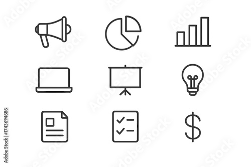 Marketing Icon Set. Marketing visuals. Line icon set of marketing visuals: megaphone, pie chart, bar chart, laptop, projector screen, light bulb, document,