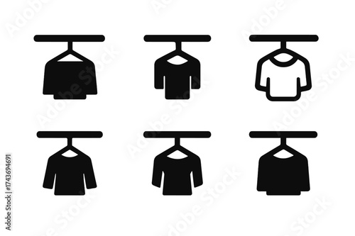 Minimalist Closet Logos. Closet rod. Set Logo of minimalist rod: bar with a single clothing piece hanging. harmonious logo variations of the same emblematic