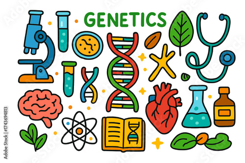 Genetics Doodle Icons. Genetics. Colorful Hand-drawn doodle Children illustration DNA strand, double helix, microscope, test tube, petri dish, plant leaf,