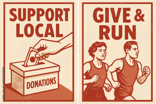 Retro Charity Banners. Nonprofit Community Event. Two vertical A6 banners with safe margins, centered composition, no elements touching edges, retro style, red