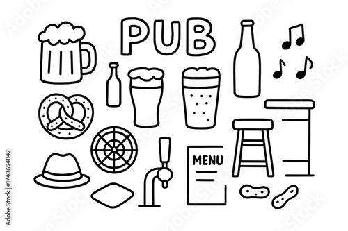 Pub Essentials Doodle. Pub. Hand-drawn doodle illustration pub beer mug, pint glass, bottle, bar stool, counter, pretzel, dartboard, music notes, coaster, hat,