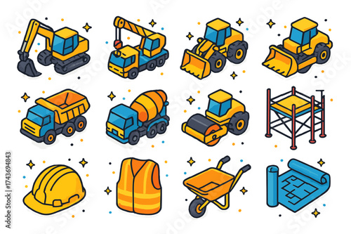 Colorful Construction Icons. Construction machinery. Colorful isometric vector icons set of construction machinery: excavator, crane, loader, bulldozer, dump
