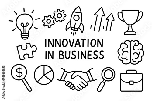 Business Innovation Doodles. Innovation in business. Hand-drawn doodle illustration innovation in business light bulb icon, gears symbol, puzzle doodle, rocket