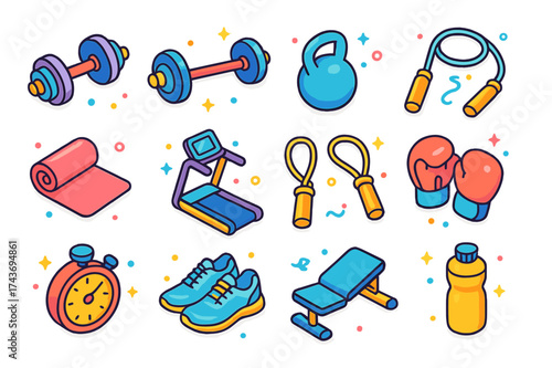Fitness Icon Collection. Fitness Training. Colorful isometric vector icons set of fitness training: dumbbell, barbell, kettlebell, jump rope, yoga mat,
