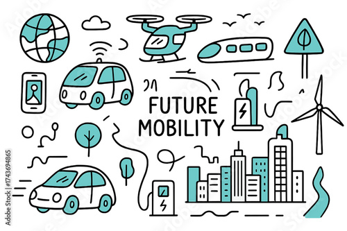Future Mobility Doodles. Future Mobility. Hand-drawn doodle illustration self-driving electric car (colored), drone taxi, hyperloop pod (colored), charging