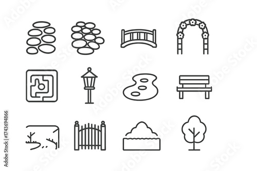 Garden Pathway Icons. Garden pathways. Line icon set of garden pathways: stone path, cobblestone, wooden bridge, flower arch, hedge maze, lantern, pond
