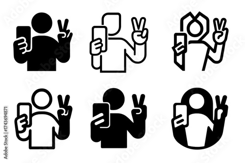 Selfie Logo Variations. Taking travel selfies. Set Logo of playful selfie: person making peace sign while holding phone. harmonious logo variations of the same