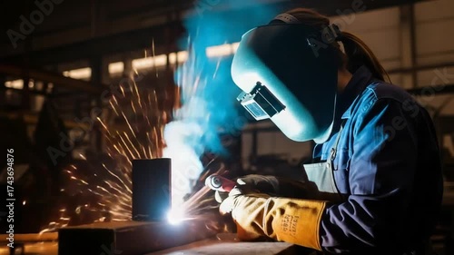 skilled welder working in industrial workshop with sparks