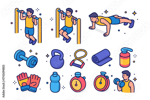 Colorful Fitness Icons. Upper body strength. Colorful isometric vector icons set of upper body strength: pull-up, chin-up, push-up, dumbbell, kettlebell,