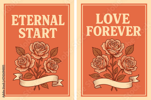 Retro Floral Banners. Eternal Start. Two vertical A6 banners with safe margins, centered composition, no elements touching edges, retro style, coral and cream,