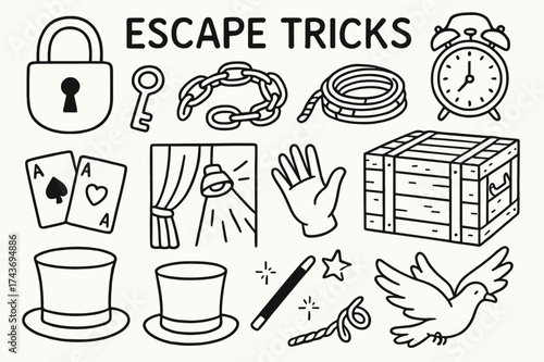 Magic Escape Symbols. Escape Tricks. Hand-drawn doodle illustration Escape Tricks lock, key, chain, rope, box, clock, curtain, spotlight, glove, hat, wand,