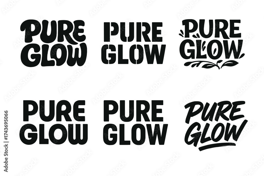 Fototapeta premium Harmonious Lettering Variations. Pure Glow. Set lettering. harmonious lettering variations of the same emblematic concept (Funky cartoon-style lettering,