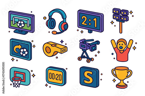 Sports Broadcast Icons. Sports Broadcast. Colorful isometric vector icons set of Sports Broadcast: football match on TV, commentator headset, scoreboard,