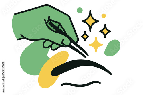 Precision Tweezer Glow. Tweezing moment. A hand holding tweezers glowing above a brow outline, abstract sparkles and stars floating around showing precision.